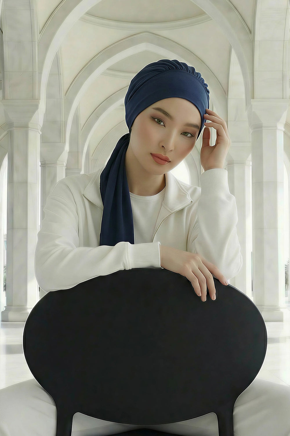 All Seasons Instant Turban Headscarf for Women, Stretchy Double Face Fabric Hijab Cap, Ready to Wear One Size Modest Headwrap,B-49O Navy Blue
