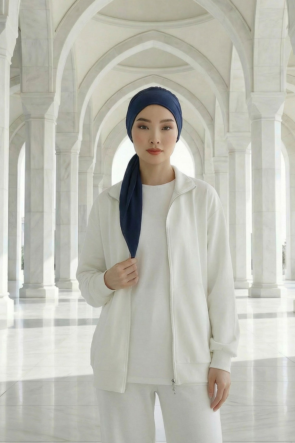 All Seasons Instant Turban Headscarf for Women, Stretchy Double Face Fabric Hijab Cap, Ready to Wear One Size Modest Headwrap,B-49O Navy Blue