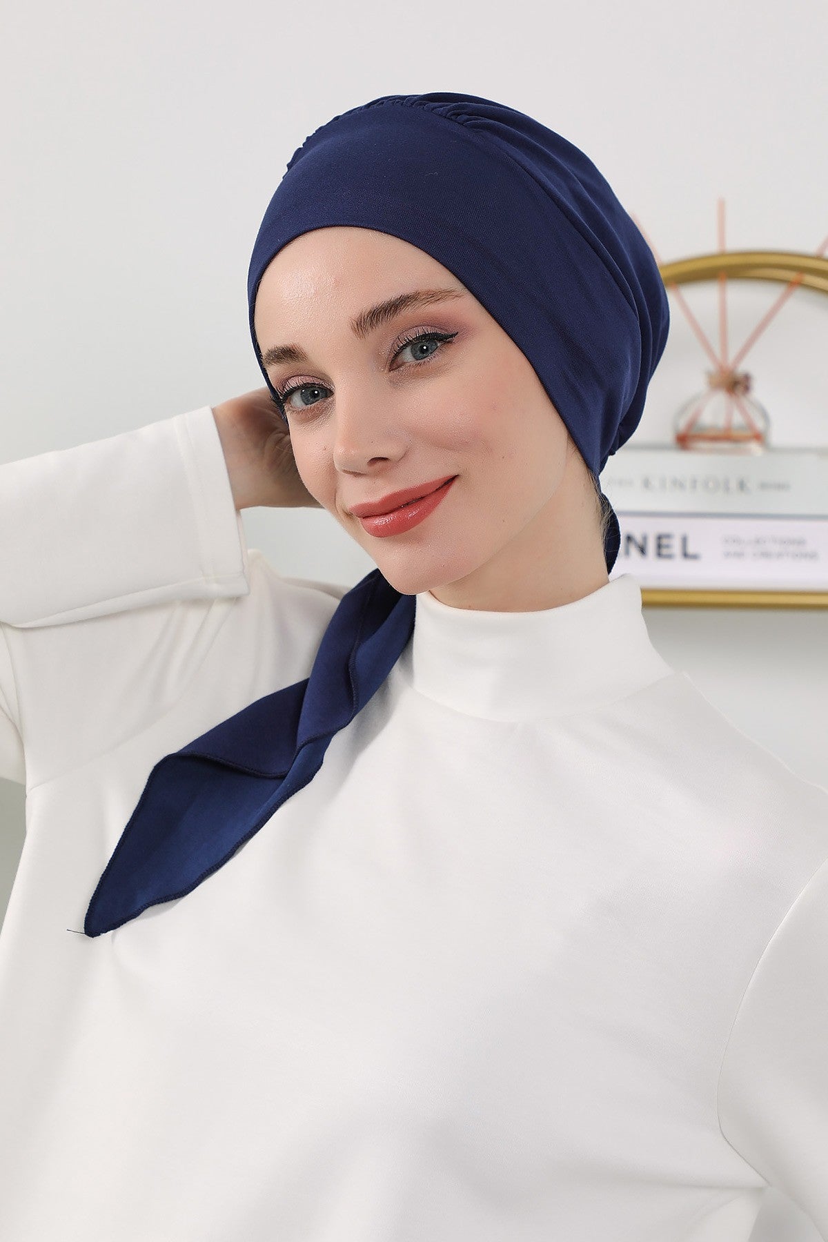All Seasons Instant Turban Headscarf for Women, Stretchy Double Face Fabric Hijab Cap, Ready to Wear One Size Modest Headwrap,B-49O Navy Blue