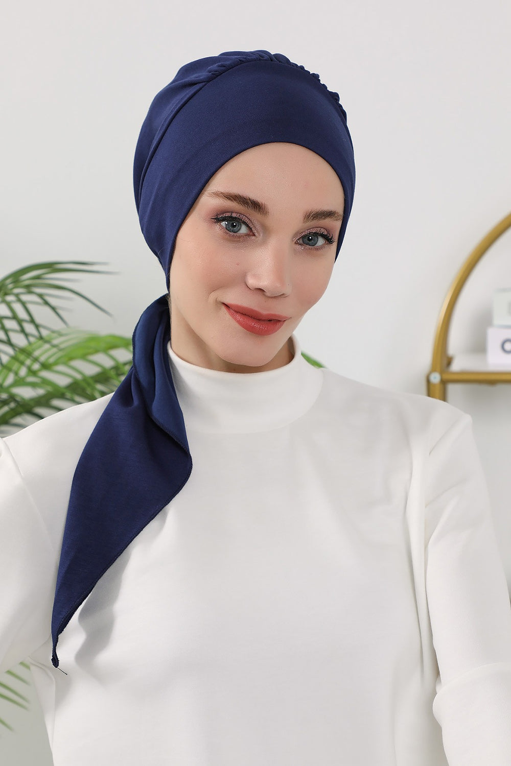 All Seasons Instant Turban Headscarf for Women, Stretchy Double Face Fabric Hijab Cap, Ready to Wear One Size Modest Headwrap,B-49O Navy Blue