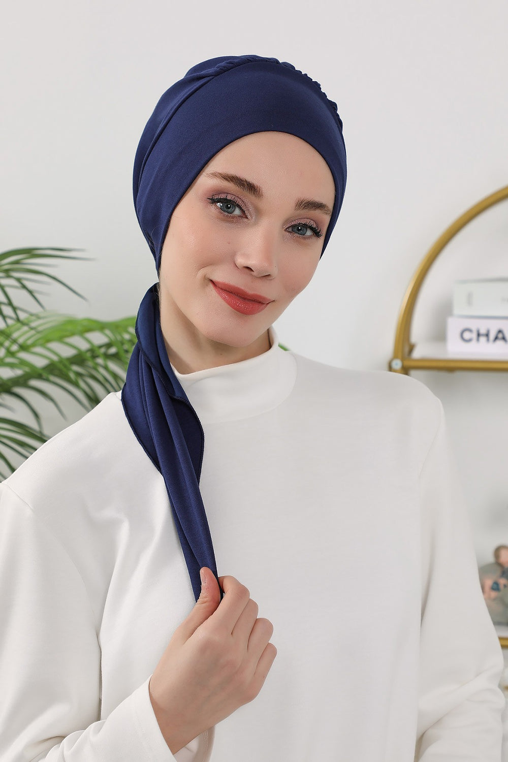 All Seasons Instant Turban Headscarf for Women, Stretchy Double Face Fabric Hijab Cap, Ready to Wear One Size Modest Headwrap,B-49O Navy Blue