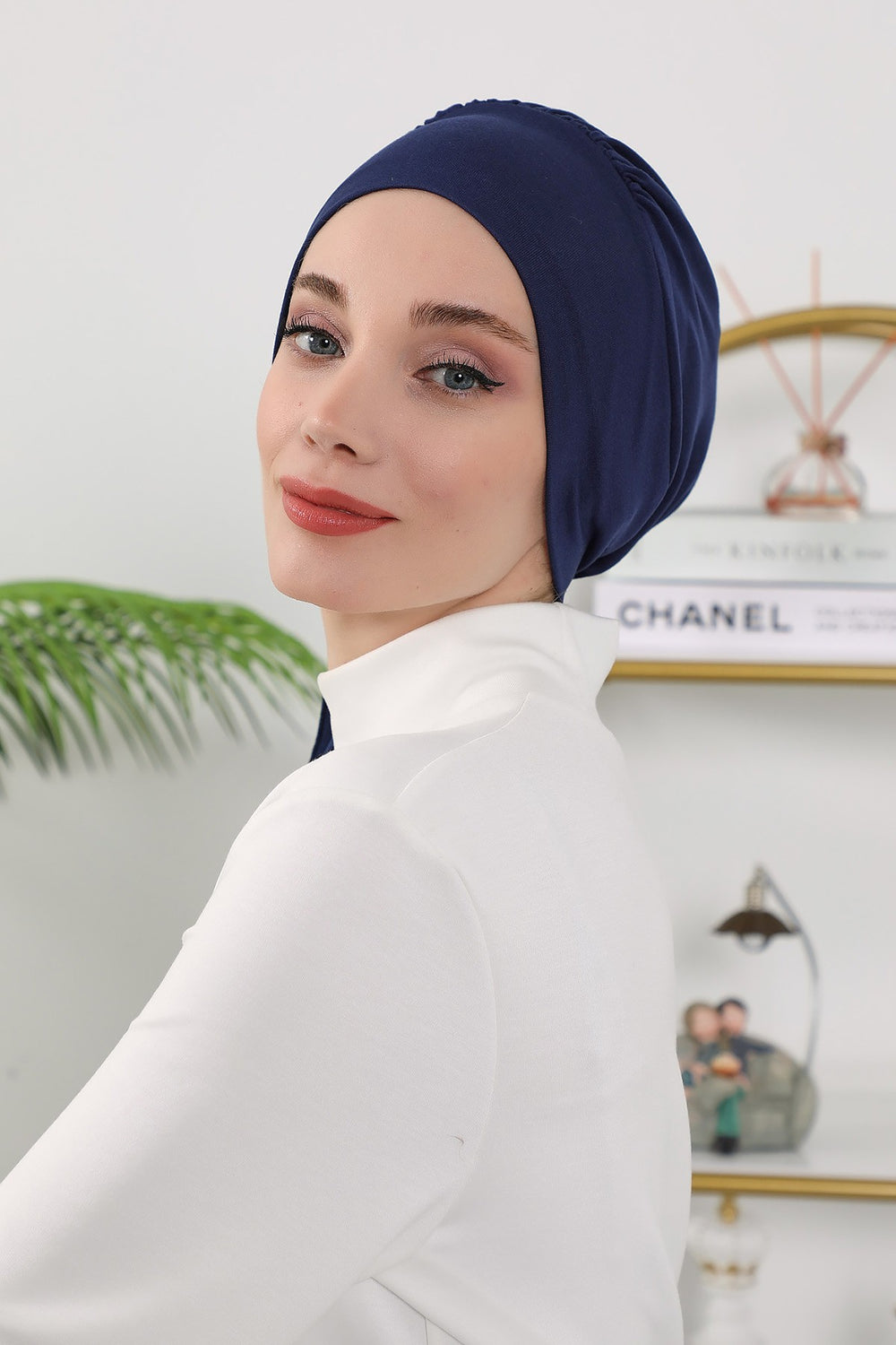 All Seasons Instant Turban Headscarf for Women, Stretchy Double Face Fabric Hijab Cap, Ready to Wear One Size Modest Headwrap,B-49O Navy Blue