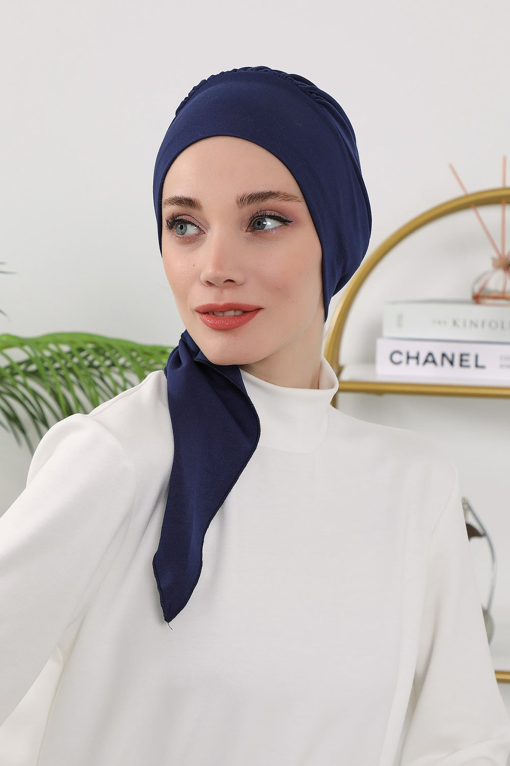 All Seasons Instant Turban Headscarf for Women, Stretchy Double Face Fabric Hijab Cap, Ready to Wear One Size Modest Headwrap,B-49O Navy Blue