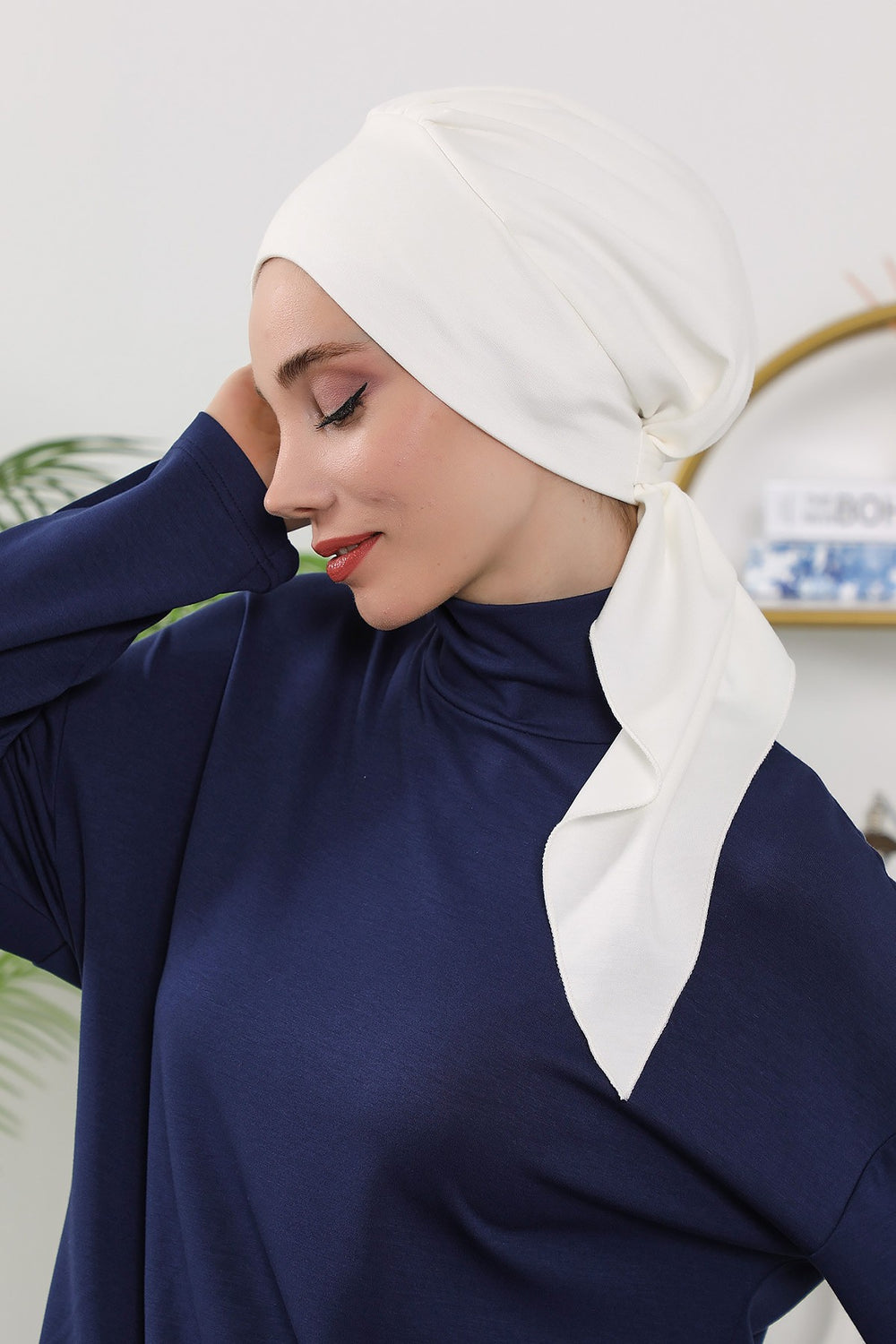 All Seasons Instant Turban Headscarf for Women, Stretchy Double Face Fabric Hijab Cap, Ready to Wear One Size Modest Headwrap,B-49O Ecru