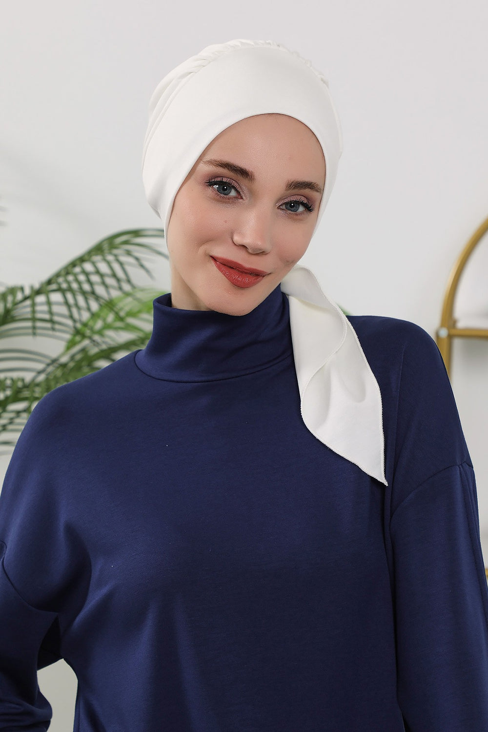 All Seasons Instant Turban Headscarf for Women, Stretchy Double Face Fabric Hijab Cap, Ready to Wear One Size Modest Headwrap,B-49O Ecru