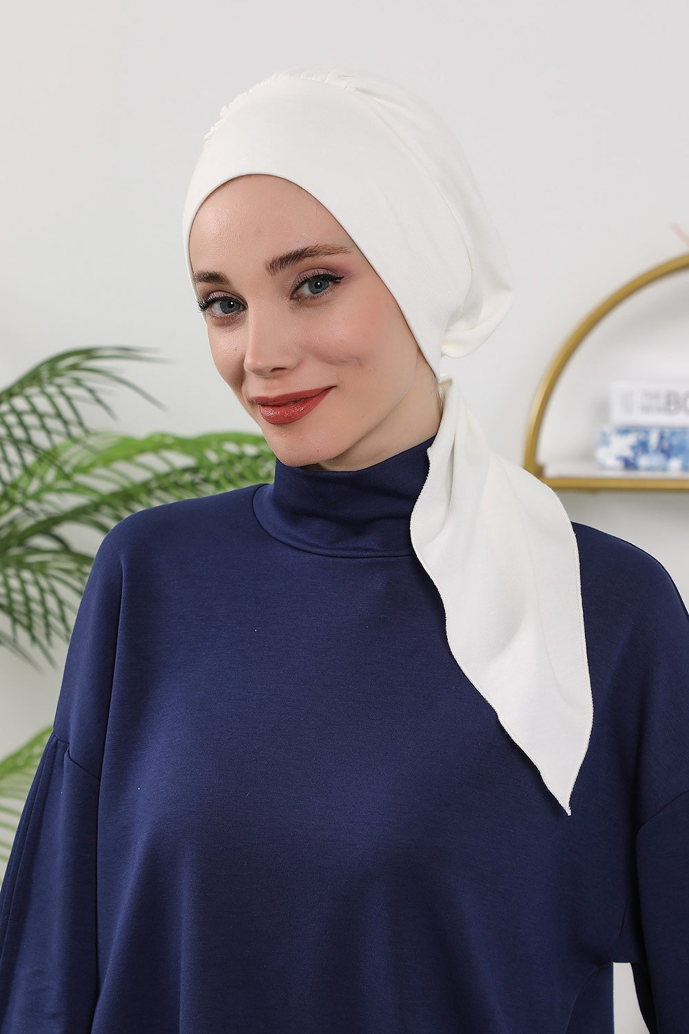 All Seasons Instant Turban Headscarf for Women, Stretchy Double Face Fabric Hijab Cap, Ready to Wear One Size Modest Headwrap,B-49O Ecru