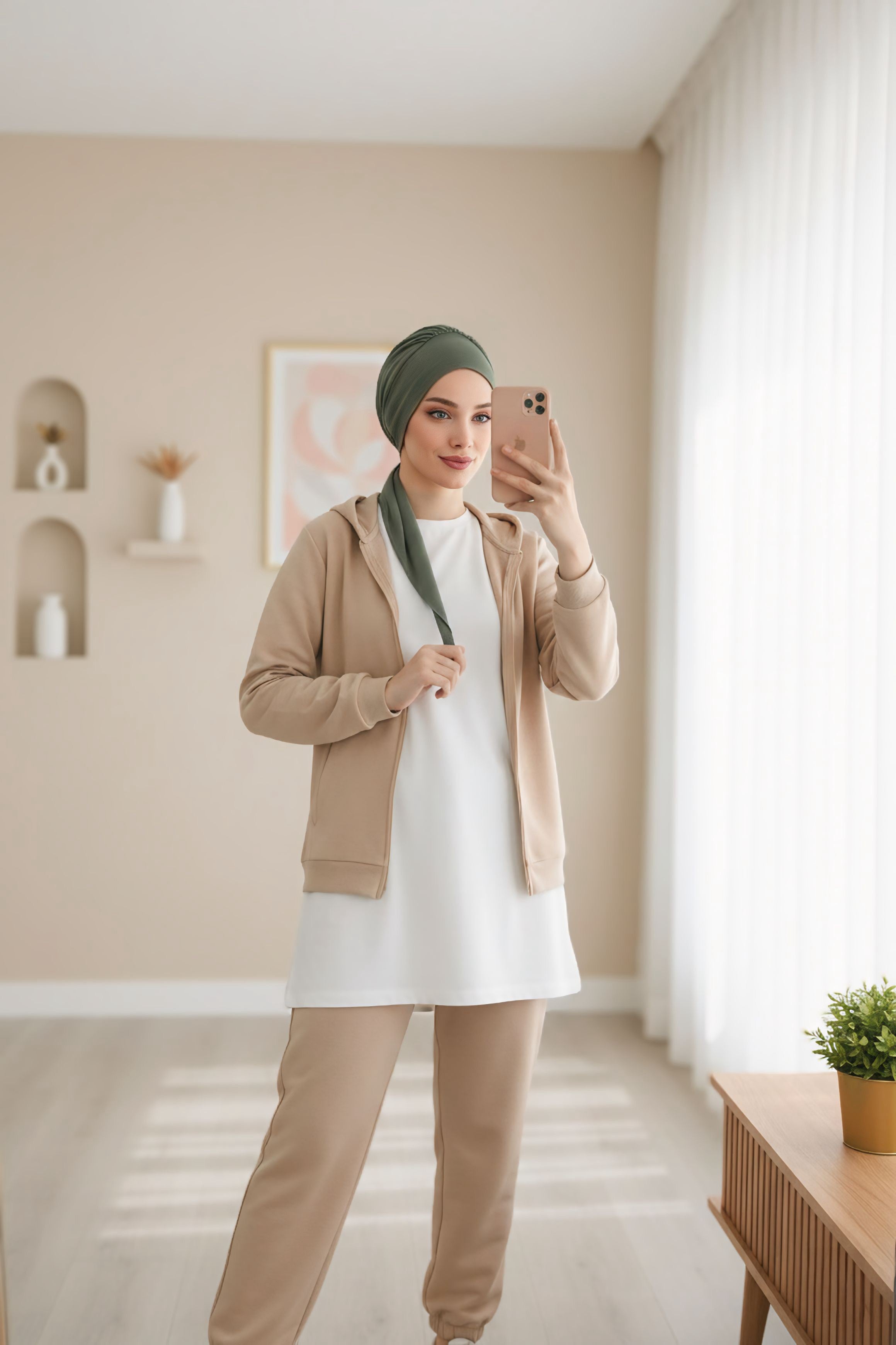 All Seasons Instant Turban Headscarf for Women, Stretchy Double Face Fabric Hijab Cap, Ready to Wear One Size Modest Headwrap,B-49O Army Green