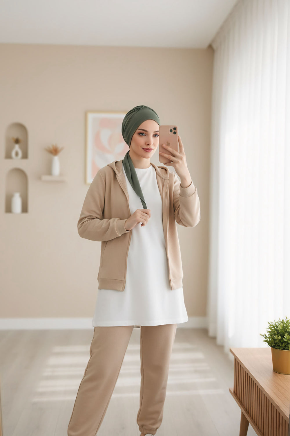 All Seasons Instant Turban Headscarf for Women, Stretchy Double Face Fabric Hijab Cap, Ready to Wear One Size Modest Headwrap,B-49O Army Green