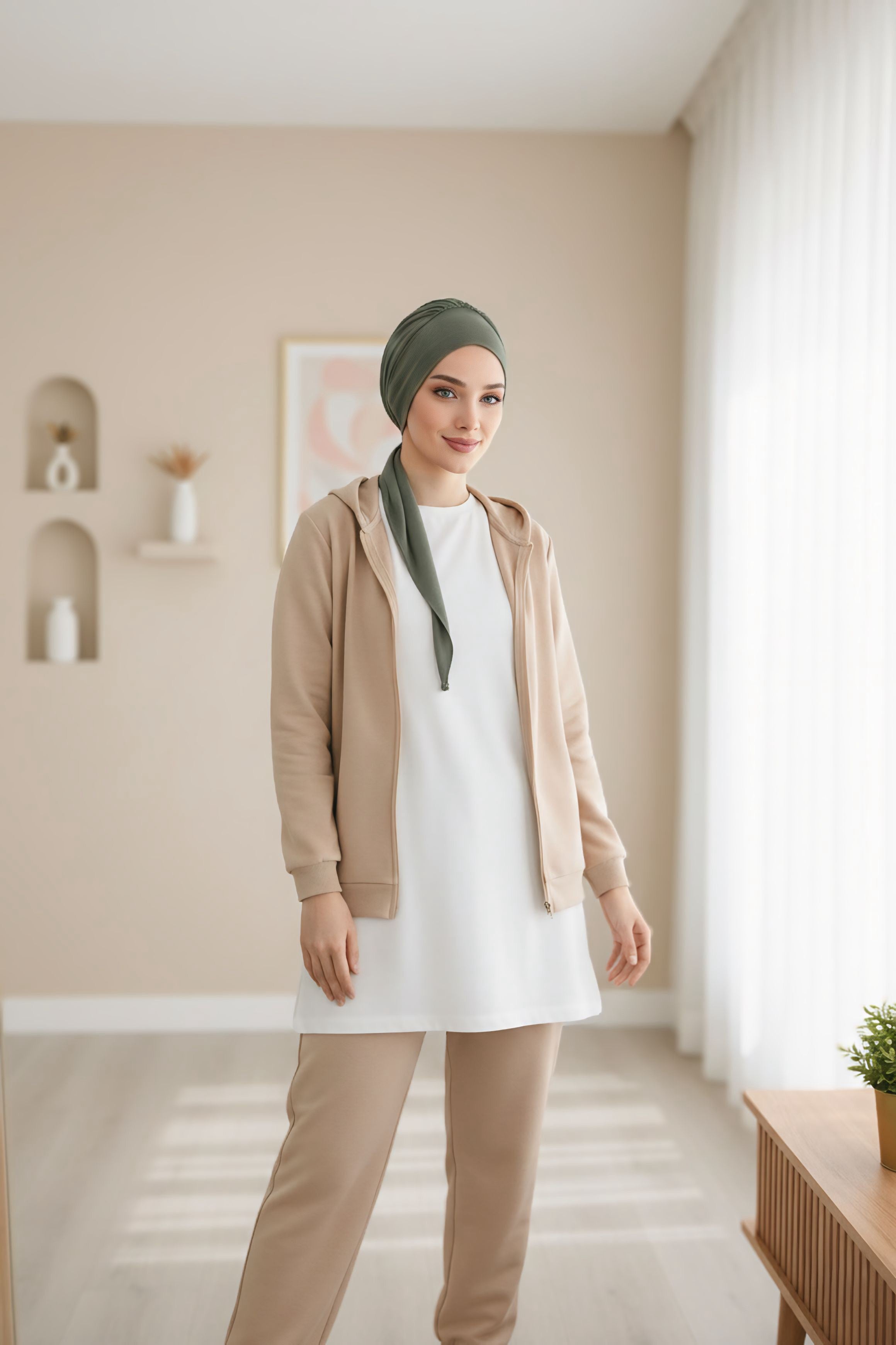 All Seasons Instant Turban Headscarf for Women, Stretchy Double Face Fabric Hijab Cap, Ready to Wear One Size Modest Headwrap,B-49O Army Green