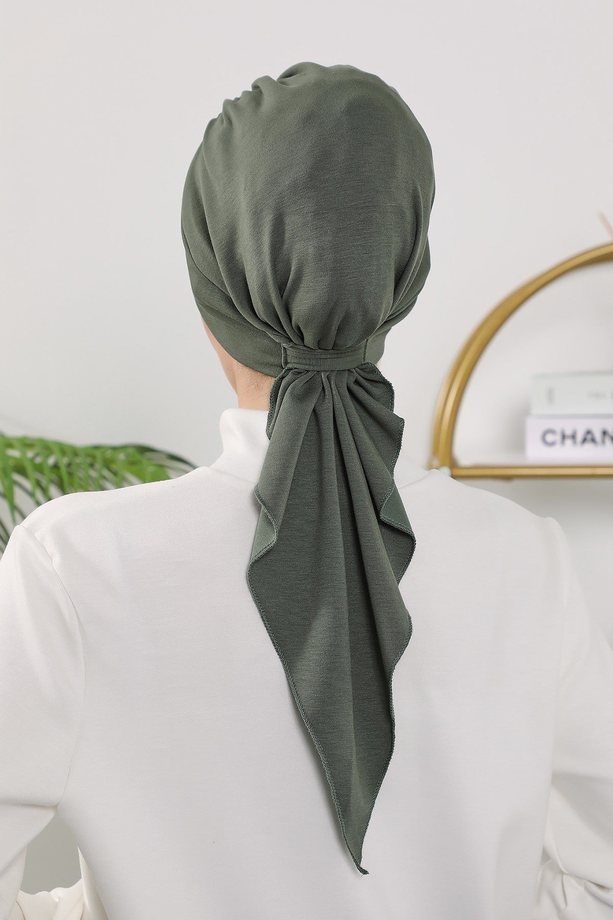 All Seasons Instant Turban Headscarf for Women, Stretchy Double Face Fabric Hijab Cap, Ready to Wear One Size Modest Headwrap,B-49O Army Green