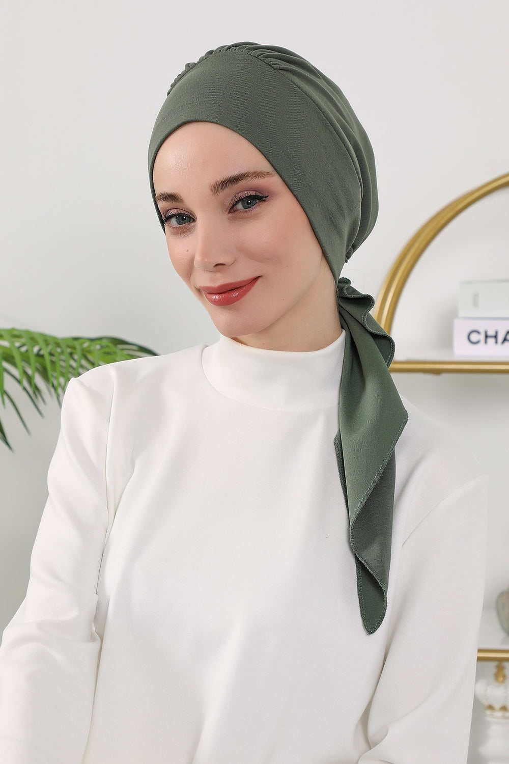 All Seasons Instant Turban Headscarf for Women, Stretchy Double Face Fabric Hijab Cap, Ready to Wear One Size Modest Headwrap,B-49O Army Green