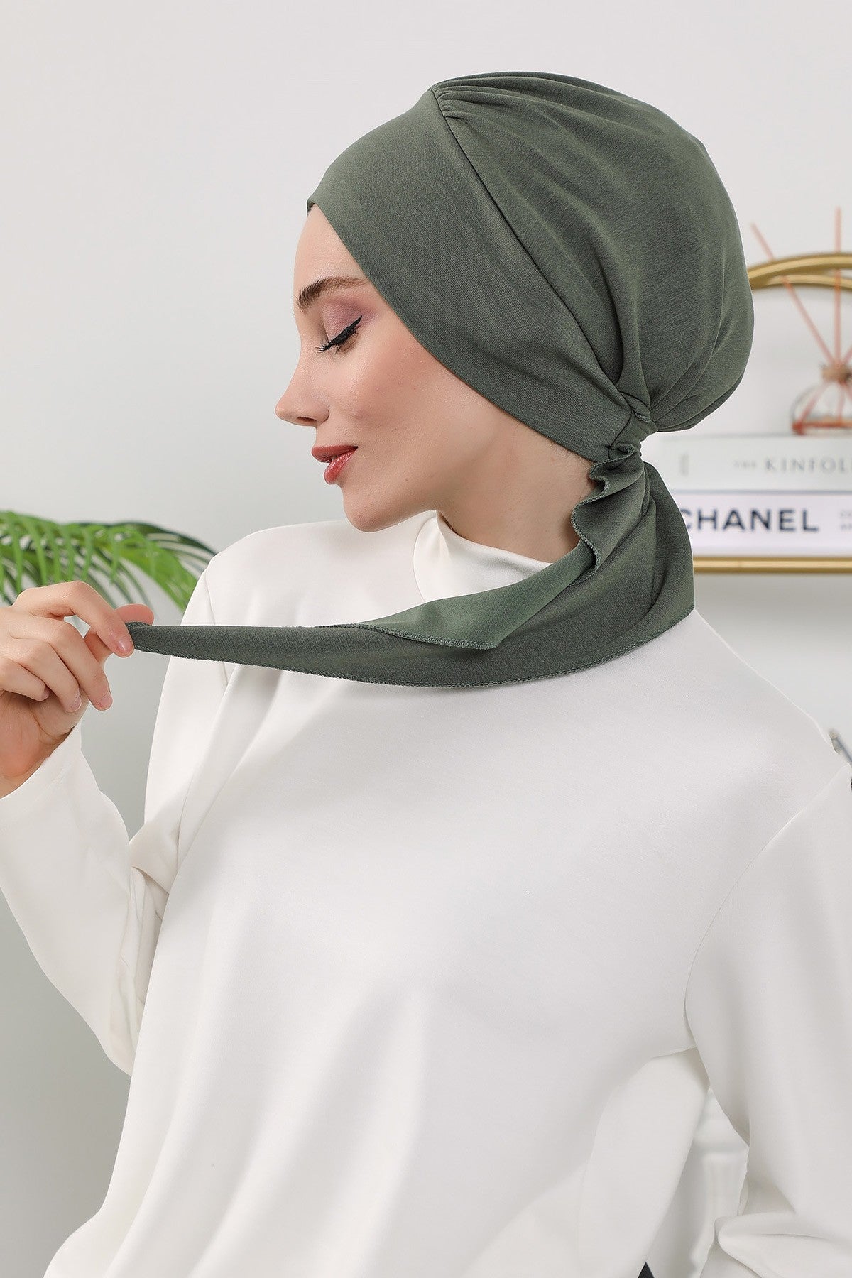 All Seasons Instant Turban Headscarf for Women, Stretchy Double Face Fabric Hijab Cap, Ready to Wear One Size Modest Headwrap,B-49O Army Green
