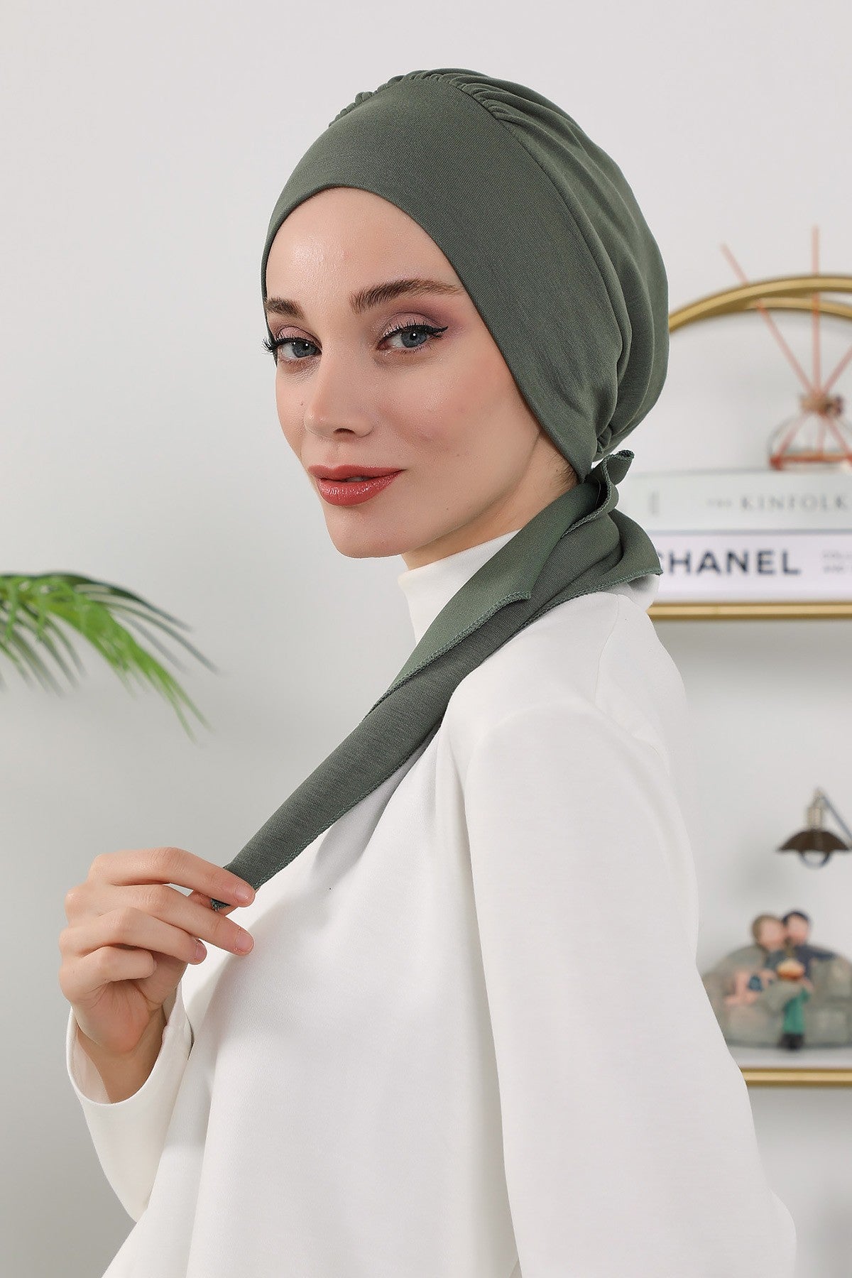 All Seasons Instant Turban Headscarf for Women, Stretchy Double Face Fabric Hijab Cap, Ready to Wear One Size Modest Headwrap,B-49O Army Green