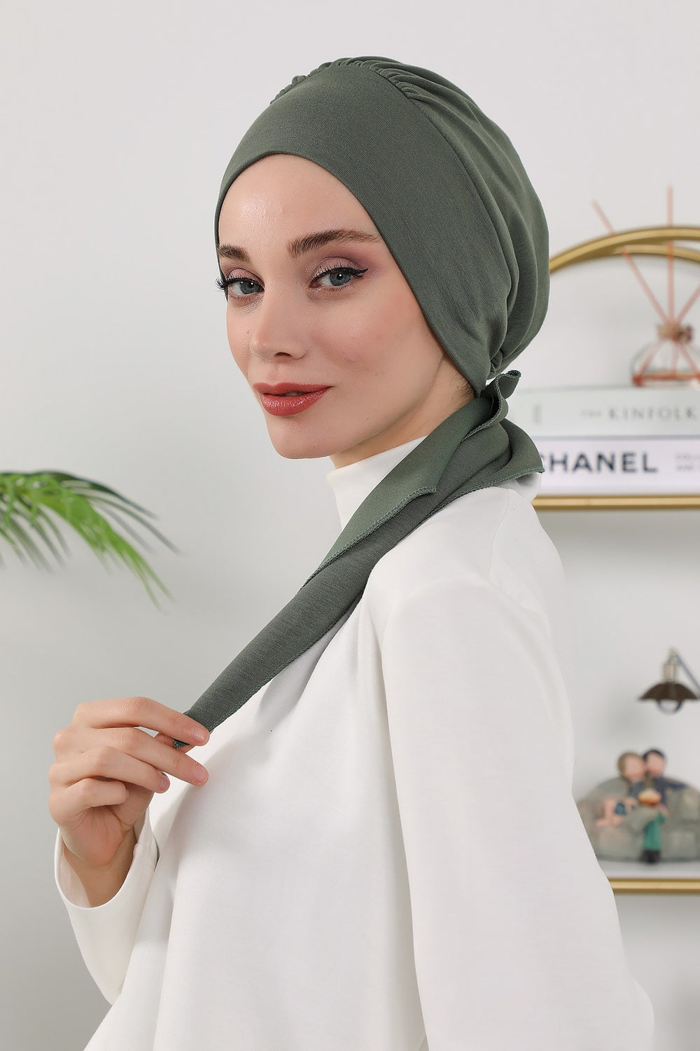 All Seasons Instant Turban Headscarf for Women, Stretchy Double Face Fabric Hijab Cap, Ready to Wear One Size Modest Headwrap,B-49O Army Green