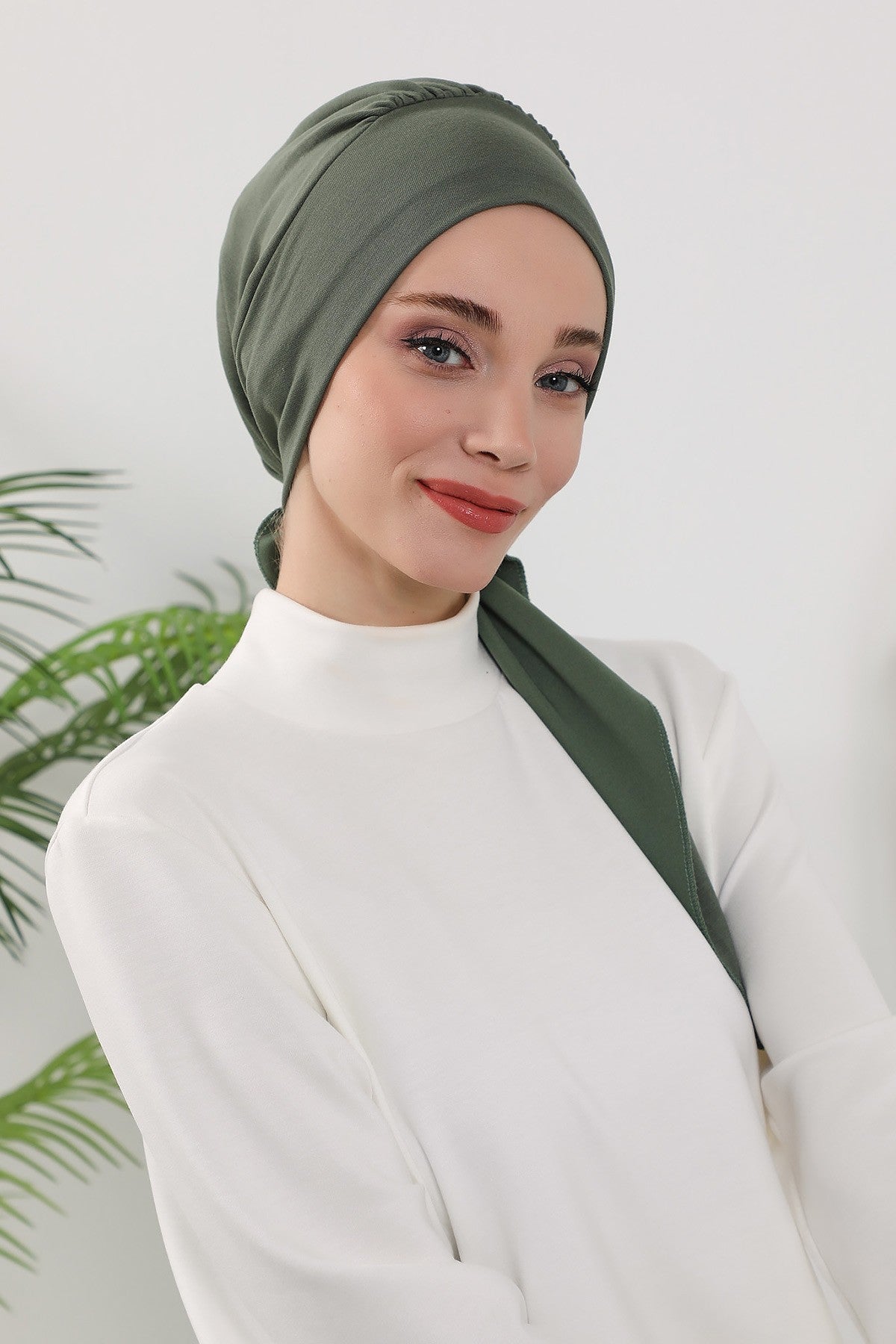 All Seasons Instant Turban Headscarf for Women, Stretchy Double Face Fabric Hijab Cap, Ready to Wear One Size Modest Headwrap,B-49O Army Green