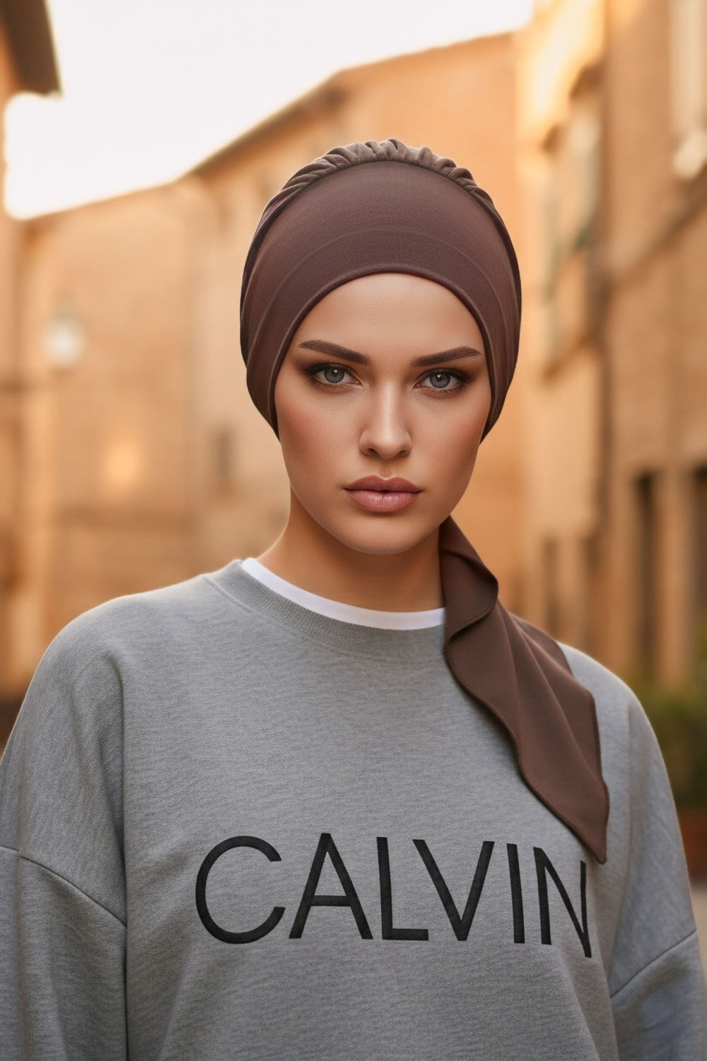All Seasons Instant Turban Headscarf for Women, Stretchy Double Face Fabric Hijab Cap, Ready to Wear One Size Modest Headwrap,B-49O Brown