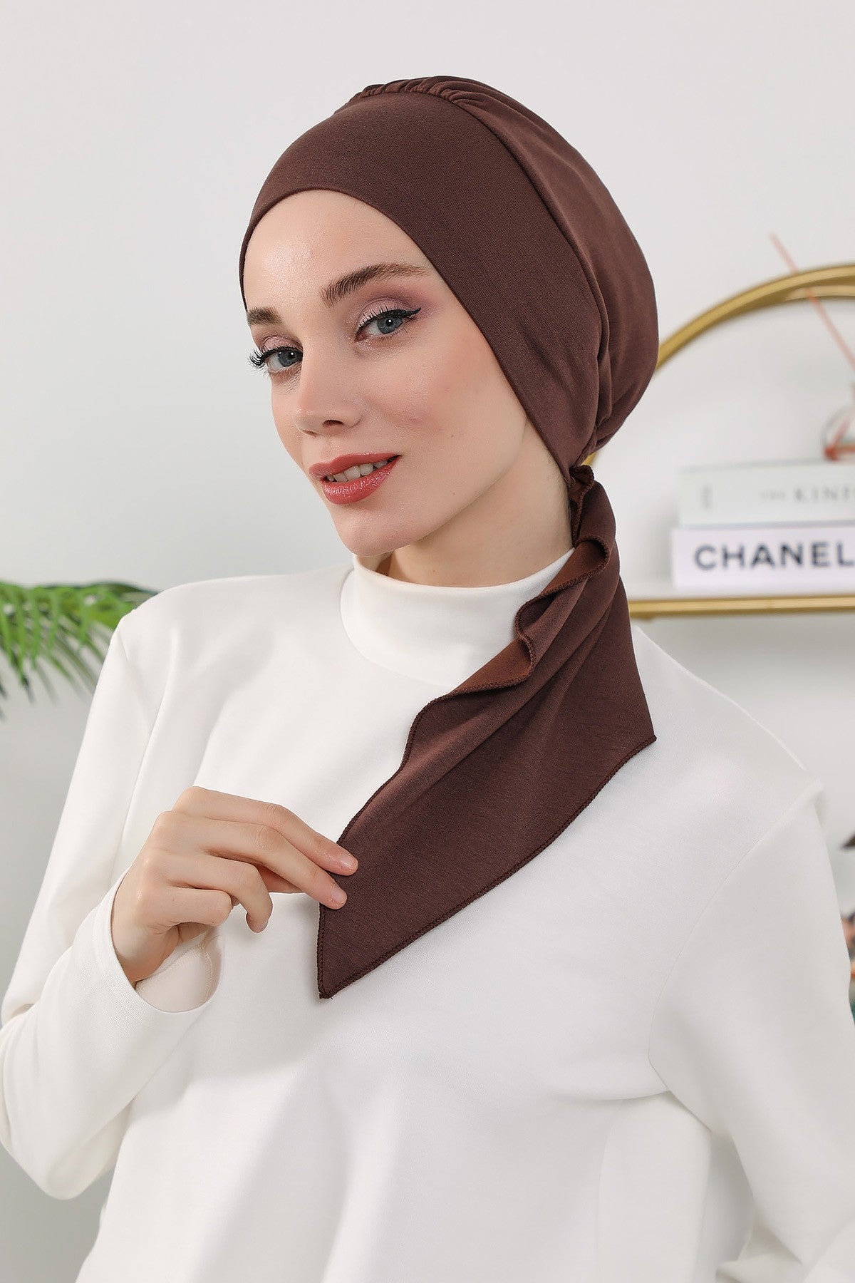 All Seasons Instant Turban Headscarf for Women, Stretchy Double Face Fabric Hijab Cap, Ready to Wear One Size Modest Headwrap,B-49O Brown