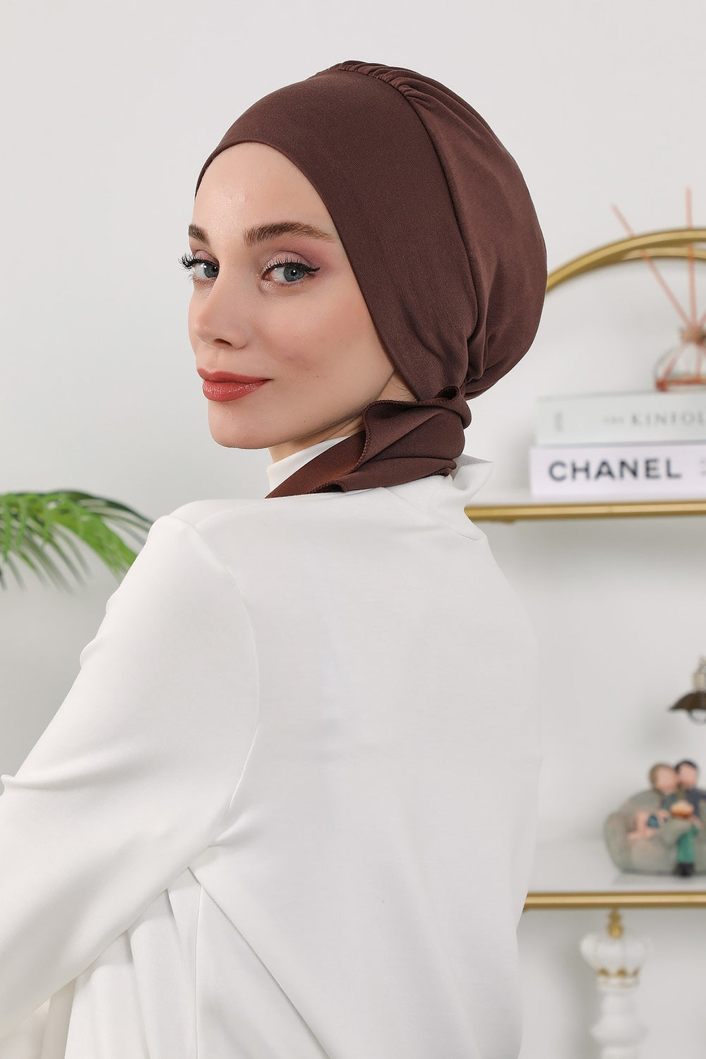 All Seasons Instant Turban Headscarf for Women, Stretchy Double Face Fabric Hijab Cap, Ready to Wear One Size Modest Headwrap,B-49O Brown