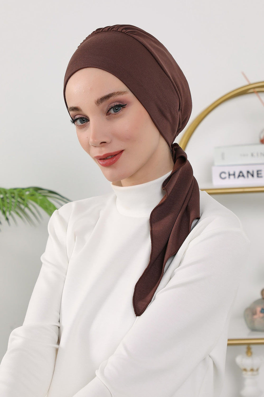 All Seasons Instant Turban Headscarf for Women, Stretchy Double Face Fabric Hijab Cap, Ready to Wear One Size Modest Headwrap,B-49O Brown