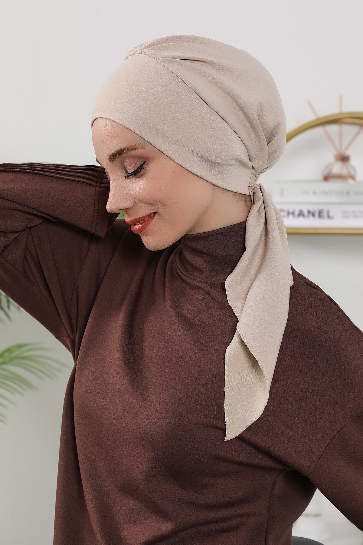 All Seasons Instant Turban Headscarf for Women, Stretchy Double Face Fabric Hijab Cap, Ready to Wear One Size Modest Headwrap,B-49O Beige