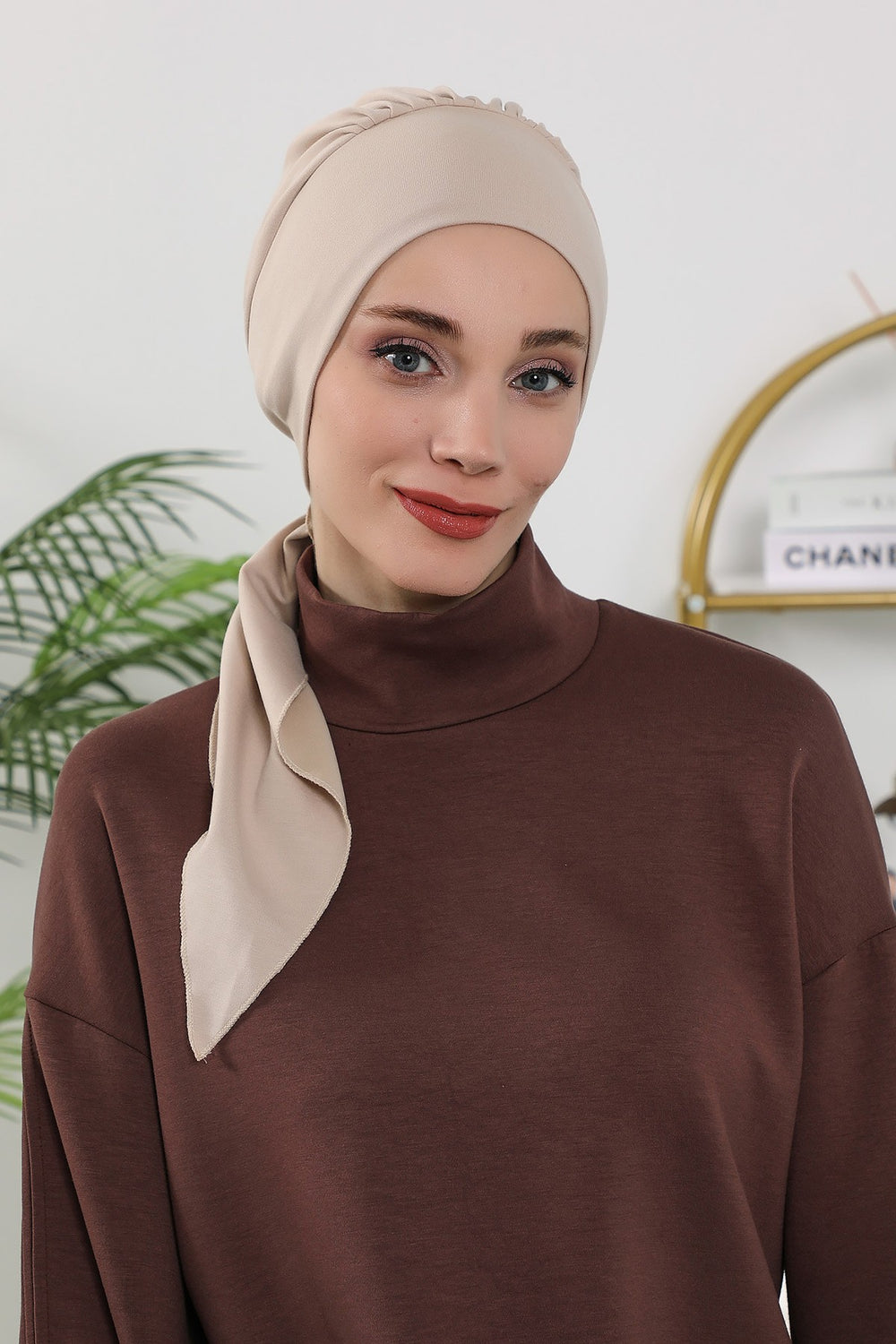All Seasons Instant Turban Headscarf for Women, Stretchy Double Face Fabric Hijab Cap, Ready to Wear One Size Modest Headwrap,B-49O Beige
