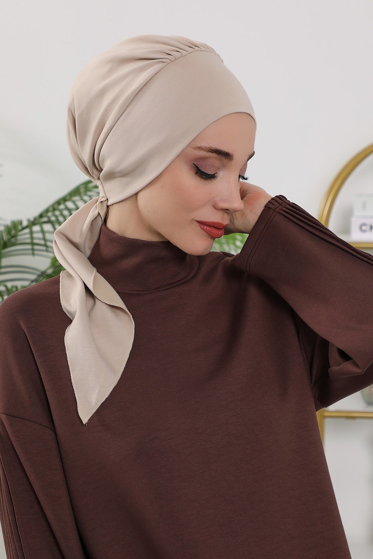 All Seasons Instant Turban Headscarf for Women, Stretchy Double Face Fabric Hijab Cap, Ready to Wear One Size Modest Headwrap,B-49O Beige