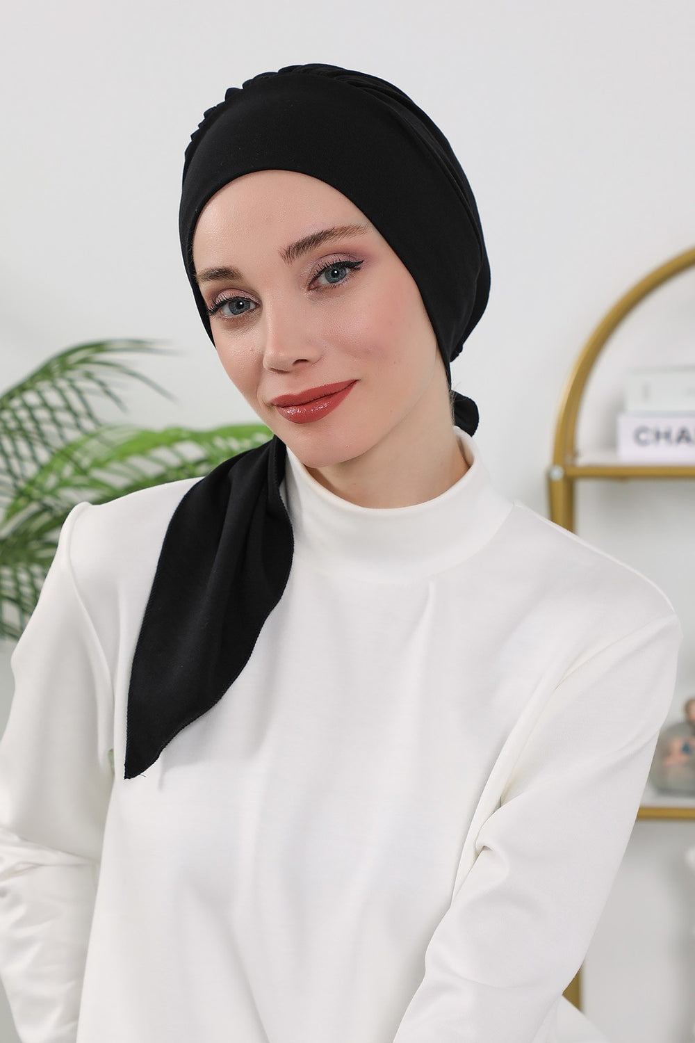 All Seasons Instant Turban Headscarf for Women, Stretchy Double Face Fabric Hijab Cap, Ready to Wear One Size Modest Headwrap,B-49O Black