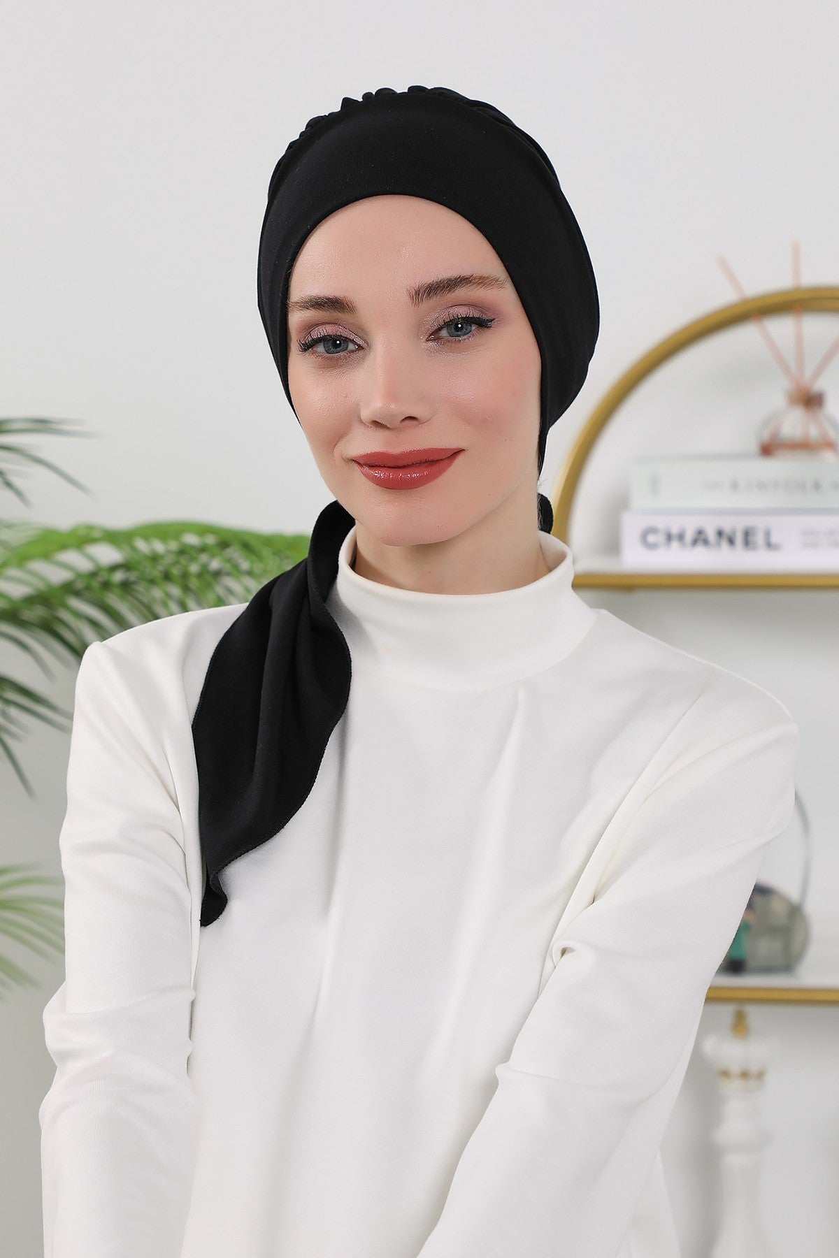 All Seasons Instant Turban Headscarf for Women, Stretchy Double Face Fabric Hijab Cap, Ready to Wear One Size Modest Headwrap,B-49O Black
