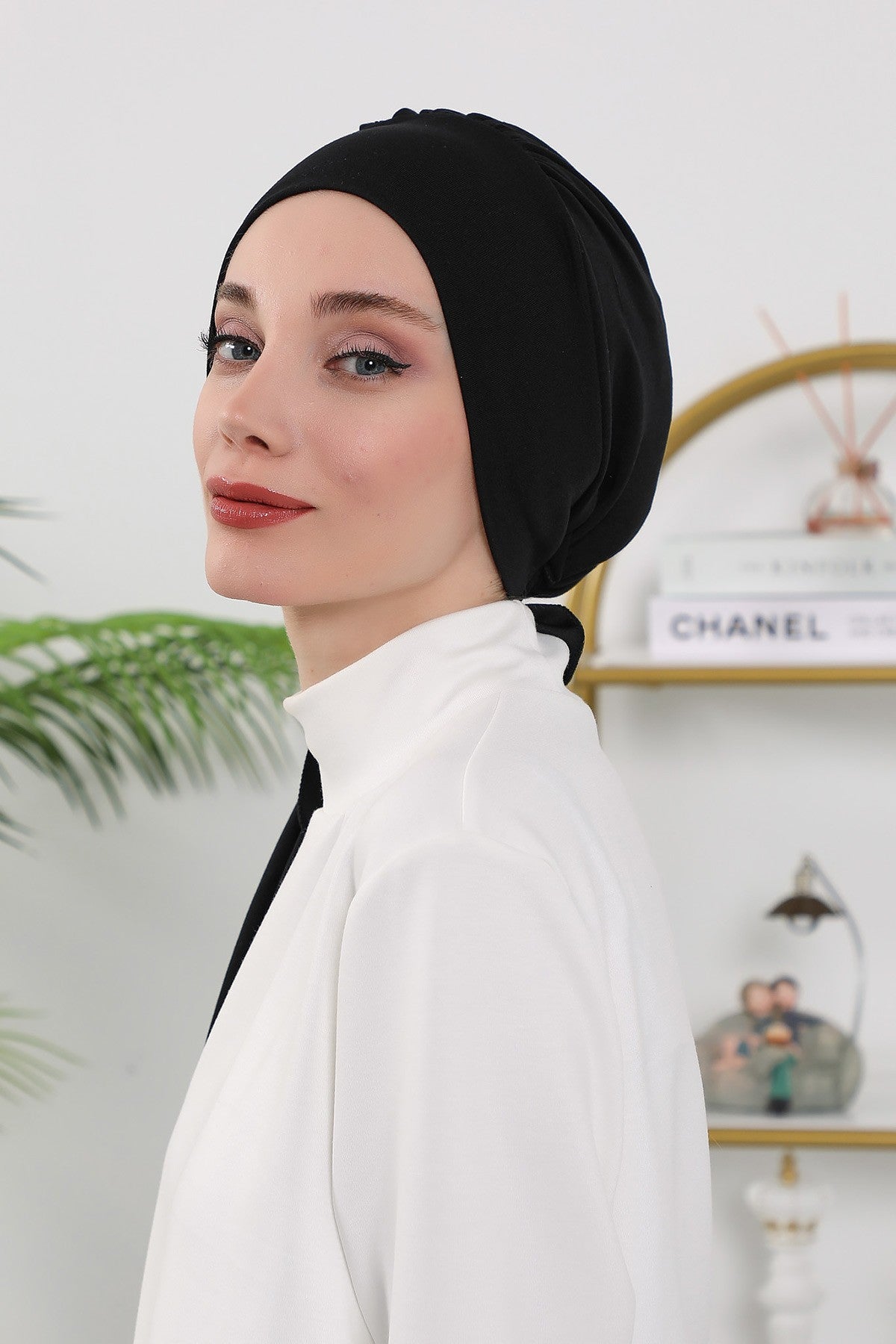 All Seasons Instant Turban Headscarf for Women, Stretchy Double Face Fabric Hijab Cap, Ready to Wear One Size Modest Headwrap,B-49O Black