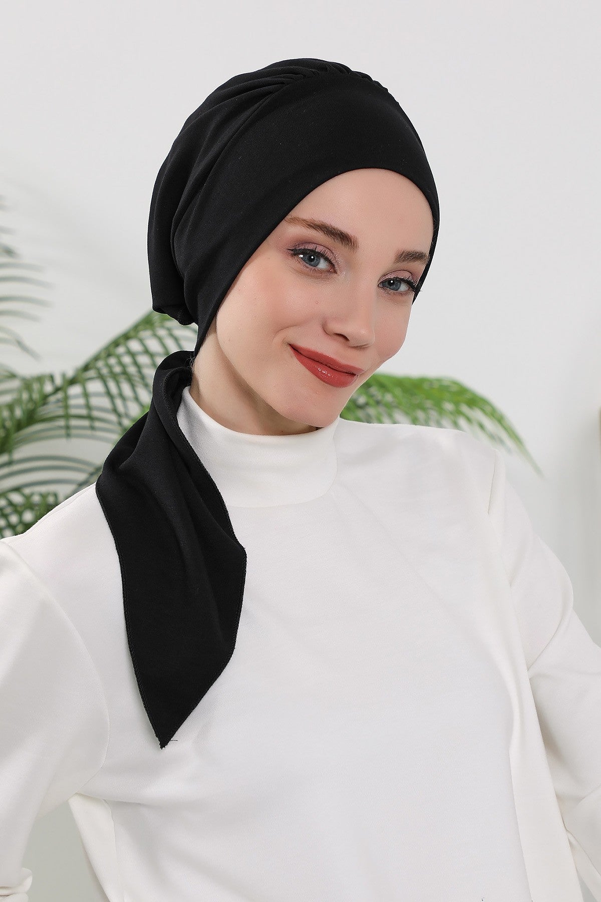 All Seasons Instant Turban Headscarf for Women, Stretchy Double Face Fabric Hijab Cap, Ready to Wear One Size Modest Headwrap,B-49O Black