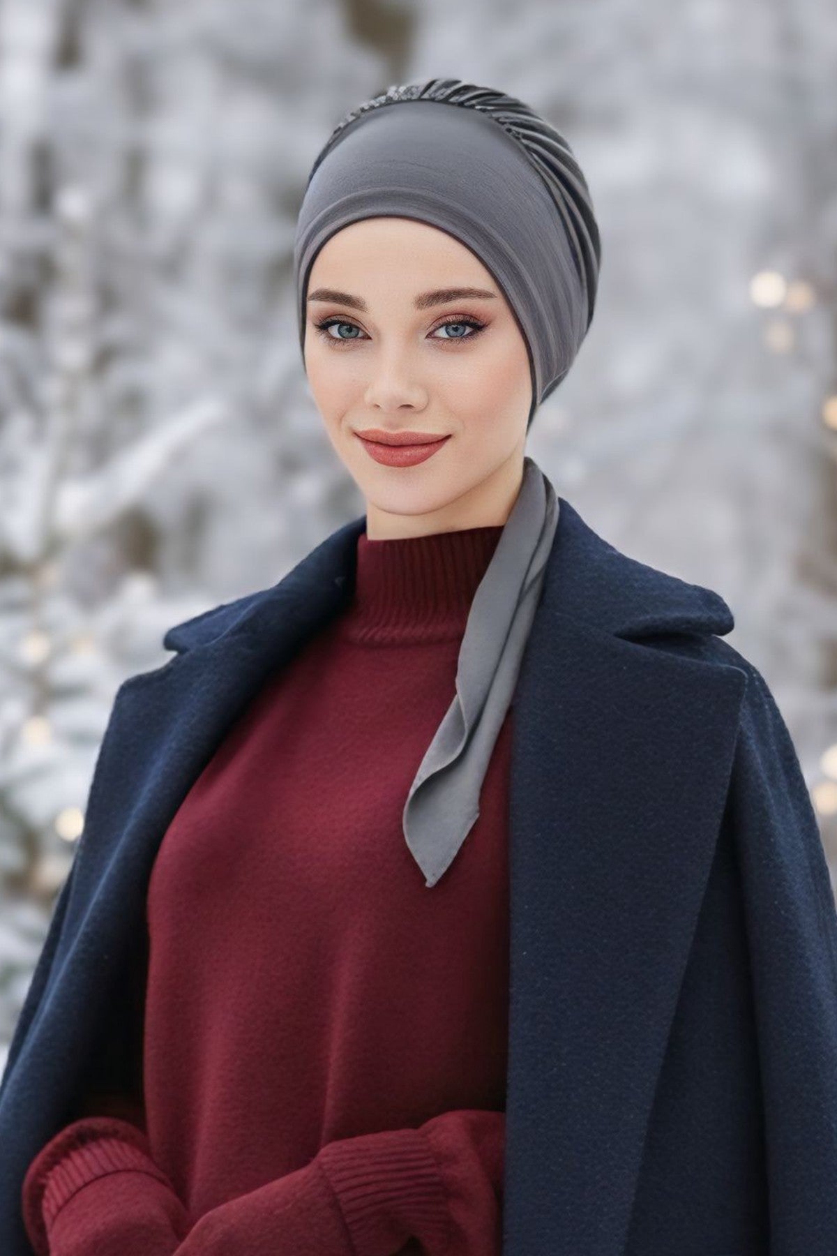 All Seasons Instant Turban Headscarf for Women, Stretchy Double Face Fabric Hijab Cap, Ready to Wear One Size Modest Headwrap,B-49O Anthracite