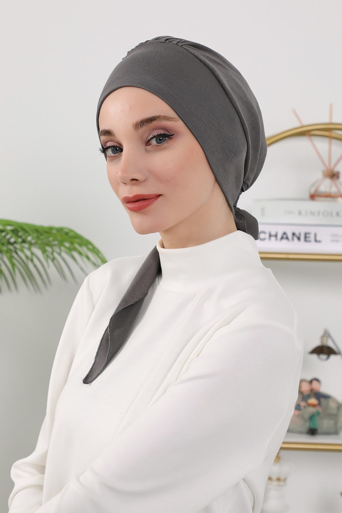 All Seasons Instant Turban Headscarf for Women, Stretchy Double Face Fabric Hijab Cap, Ready to Wear One Size Modest Headwrap,B-49O Anthracite