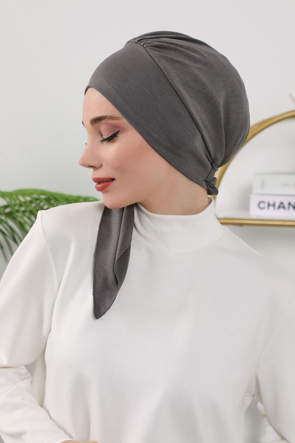 All Seasons Instant Turban Headscarf for Women, Stretchy Double Face Fabric Hijab Cap, Ready to Wear One Size Modest Headwrap,B-49O Anthracite