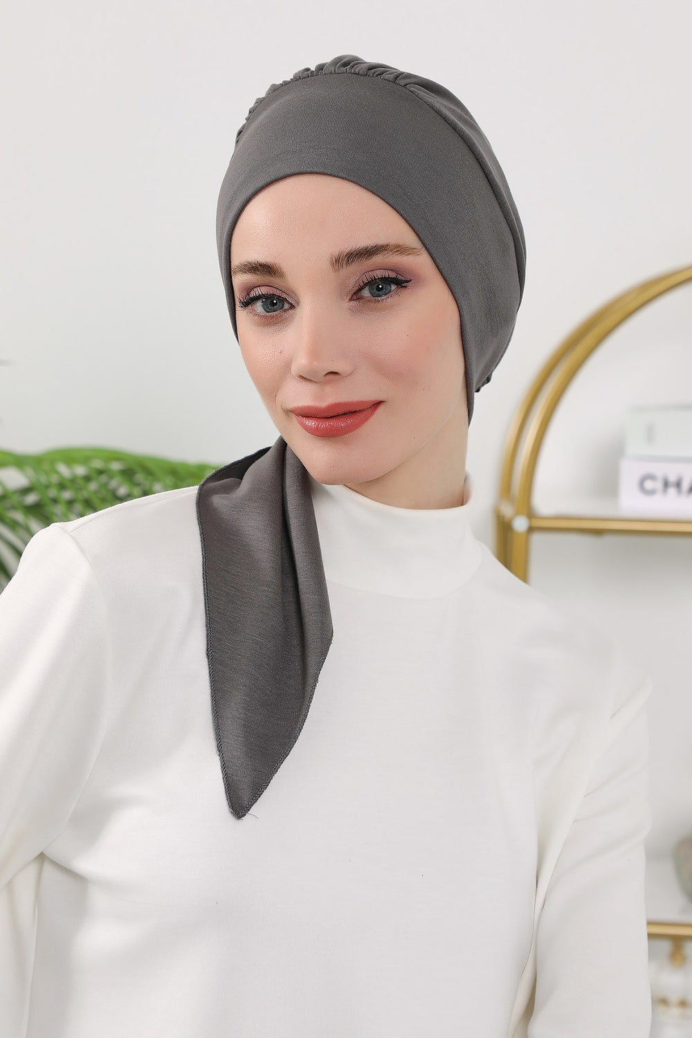 All Seasons Instant Turban Headscarf for Women, Stretchy Double Face Fabric Hijab Cap, Ready to Wear One Size Modest Headwrap,B-49O Anthracite