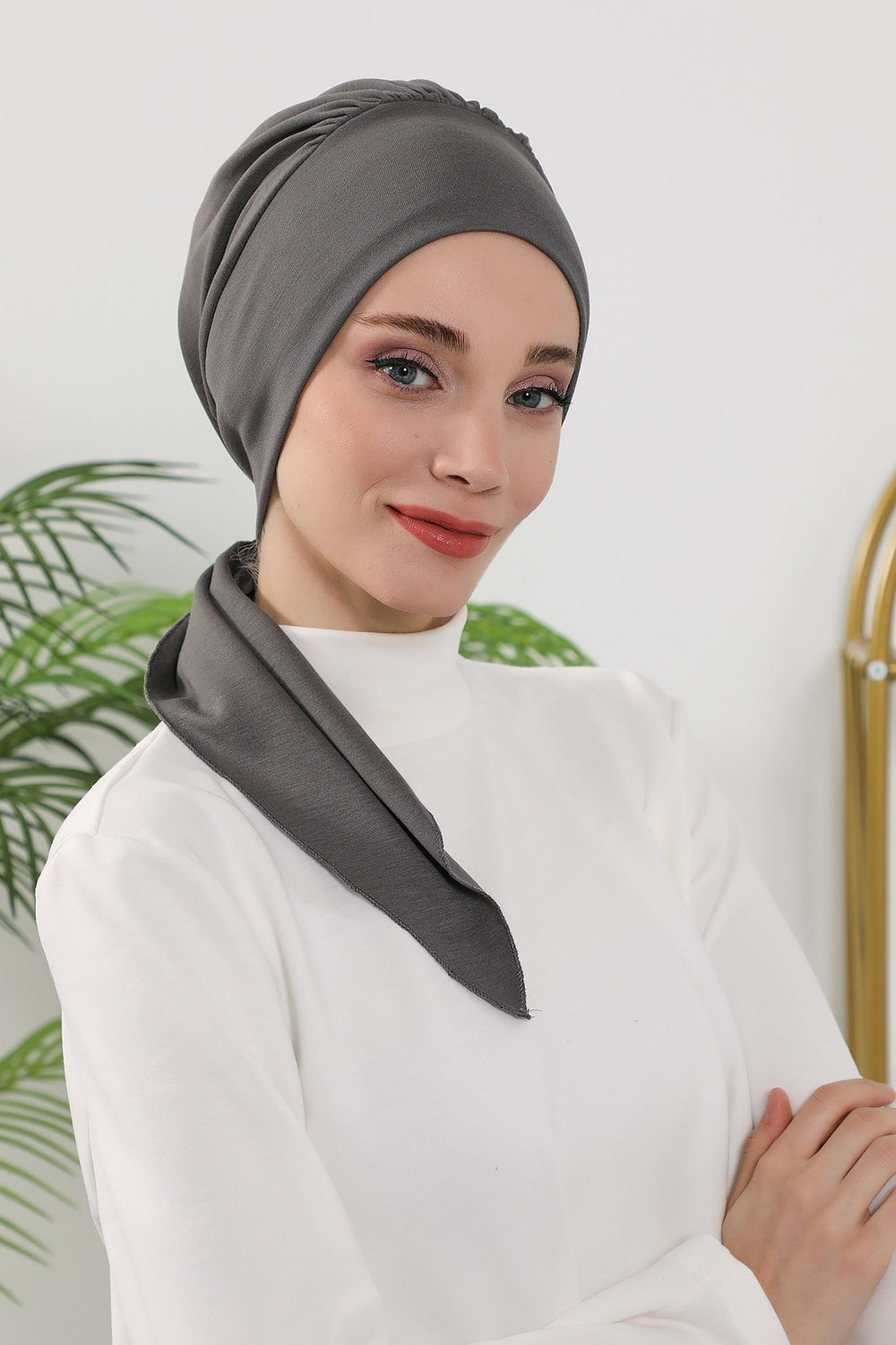 All Seasons Instant Turban Headscarf for Women, Stretchy Double Face Fabric Hijab Cap, Ready to Wear One Size Modest Headwrap,B-49O Anthracite