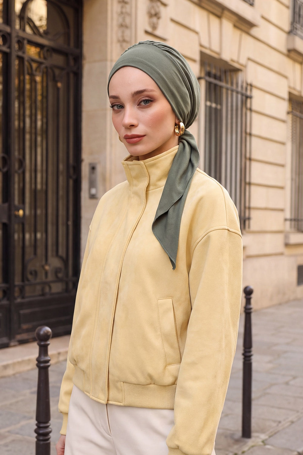 All Seasons Instant Turban Headscarf for Women, Stretchy Double Face Fabric Hijab Cap, Ready to Wear One Size Modest Headwrap,B-49O Army Green