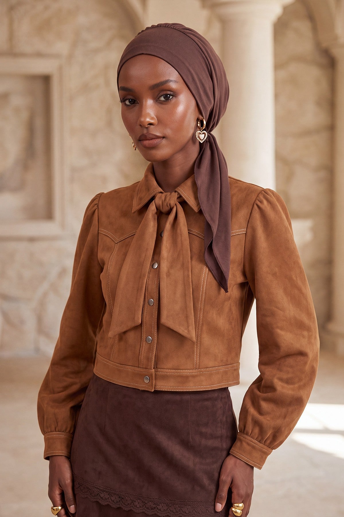 All Seasons Instant Turban Headscarf for Women, Stretchy Double Face Fabric Hijab Cap, Ready to Wear One Size Modest Headwrap,B-49O Brown
