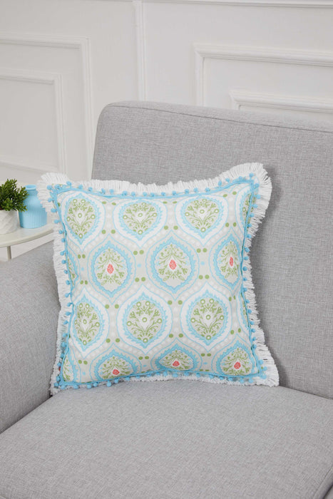 Artisanal Damask Fringe Pillow Cover, 18x18 Inches Stylish Throw Pillow Cover with Fringes and Pom-poms, Boho Style Pillow Cover,K-299