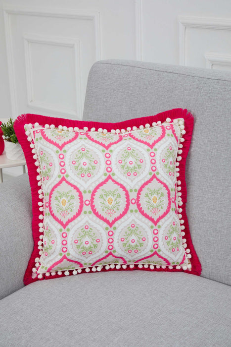 Artisanal Damask Fringe Pillow Cover, 18x18 Inches Stylish Throw Pillow Cover with Fringes and Pom-poms, Boho Style Pillow Cover,K-299