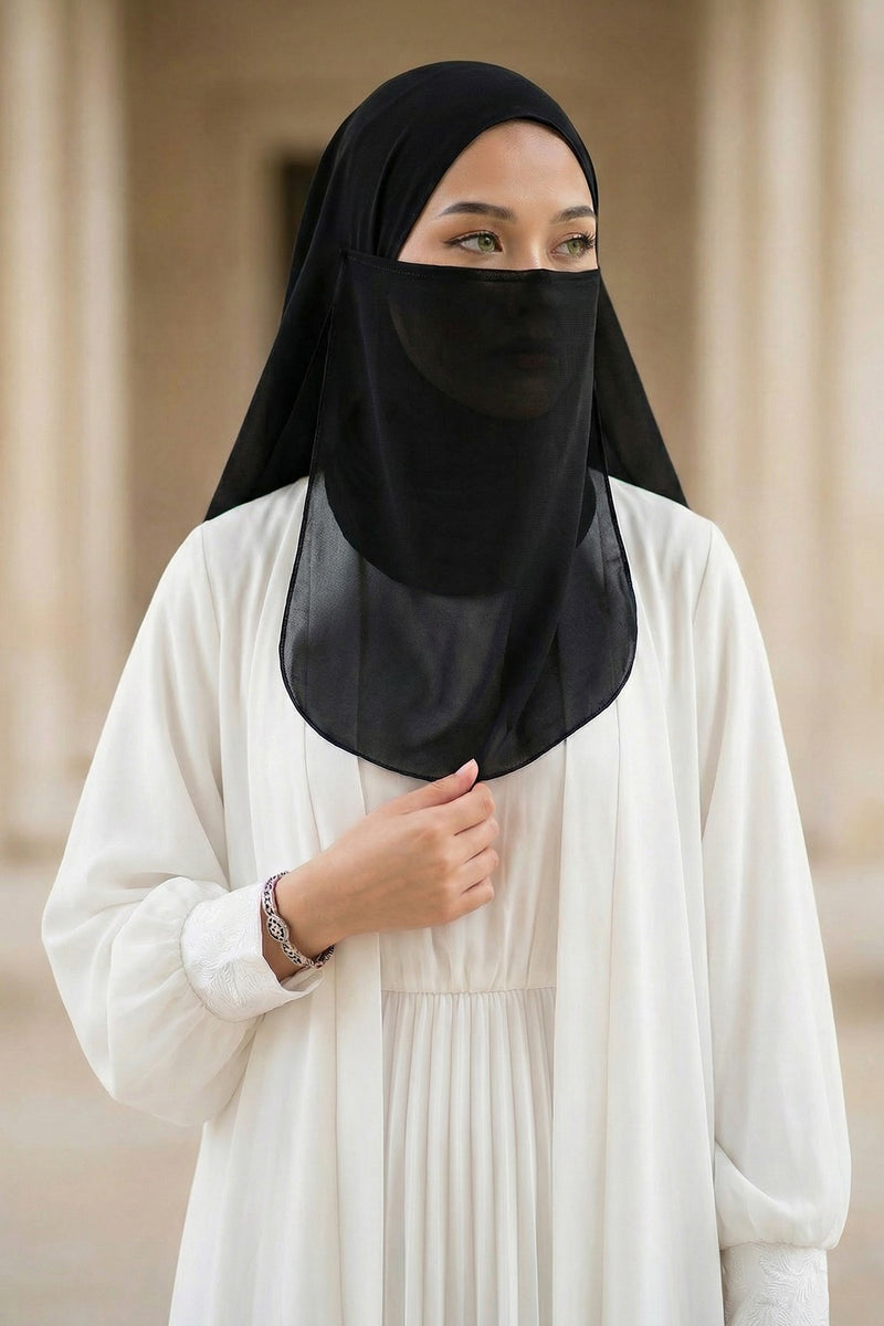 Black Veil with Attached Chiffon Shawl, One-Piece Instant Niqab Hijab Scarf, Lightweight Modest Face and Head Covering,PC-1