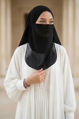 Black Veil with Attached Chiffon Shawl, One-Piece Instant Niqab Hijab Scarf, Lightweight Modest Face and Head Covering,PC-1 Black