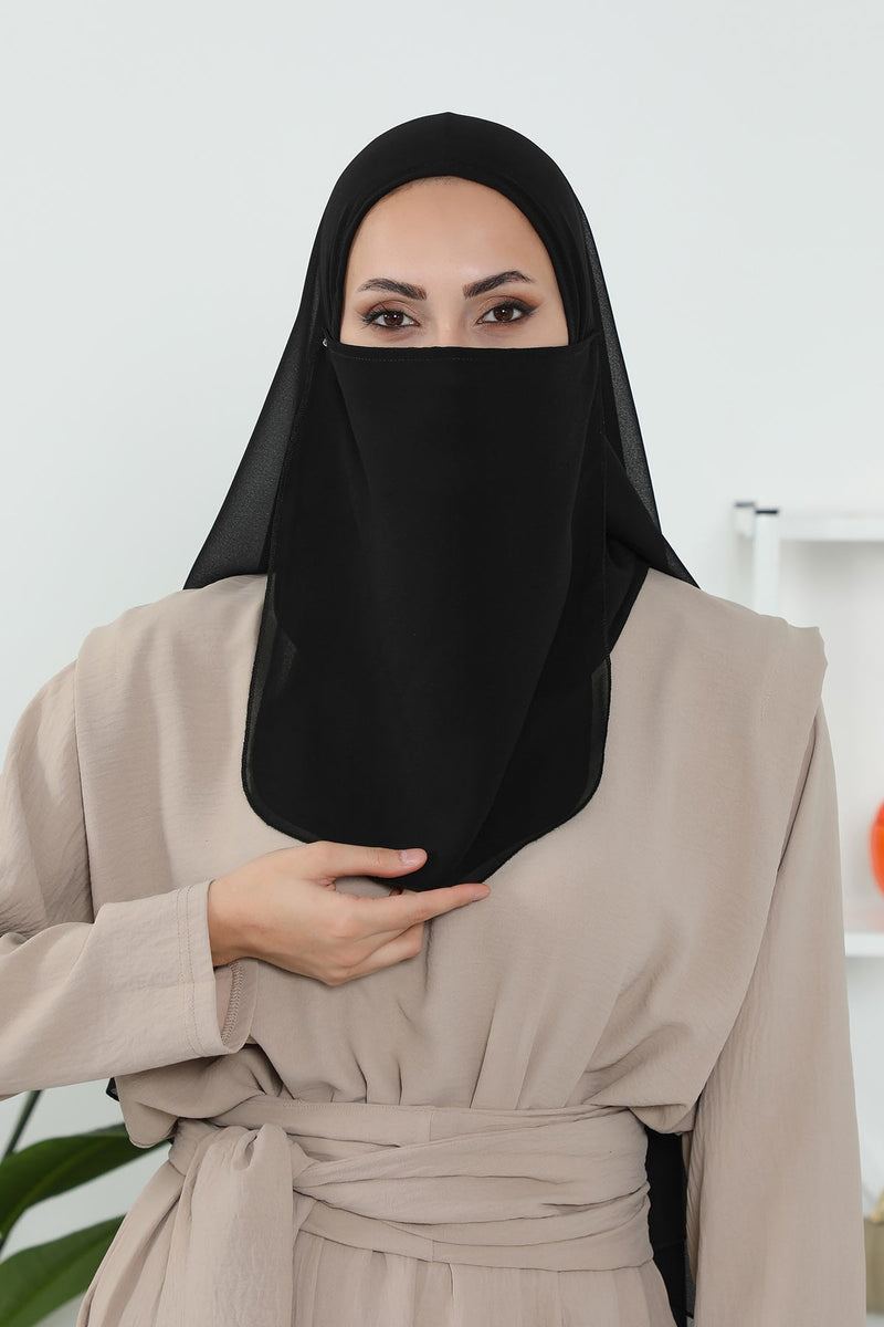 Black Veil with Attached Chiffon Shawl, One-Piece Instant Niqab Hijab Scarf, Lightweight Modest Face and Head Covering,PC-1