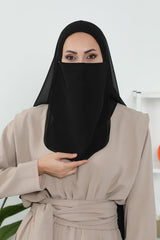 Black Veil with Attached Chiffon Shawl, One-Piece Instant Niqab Hijab Scarf, Lightweight Modest Face and Head Covering,PC-1 Black
