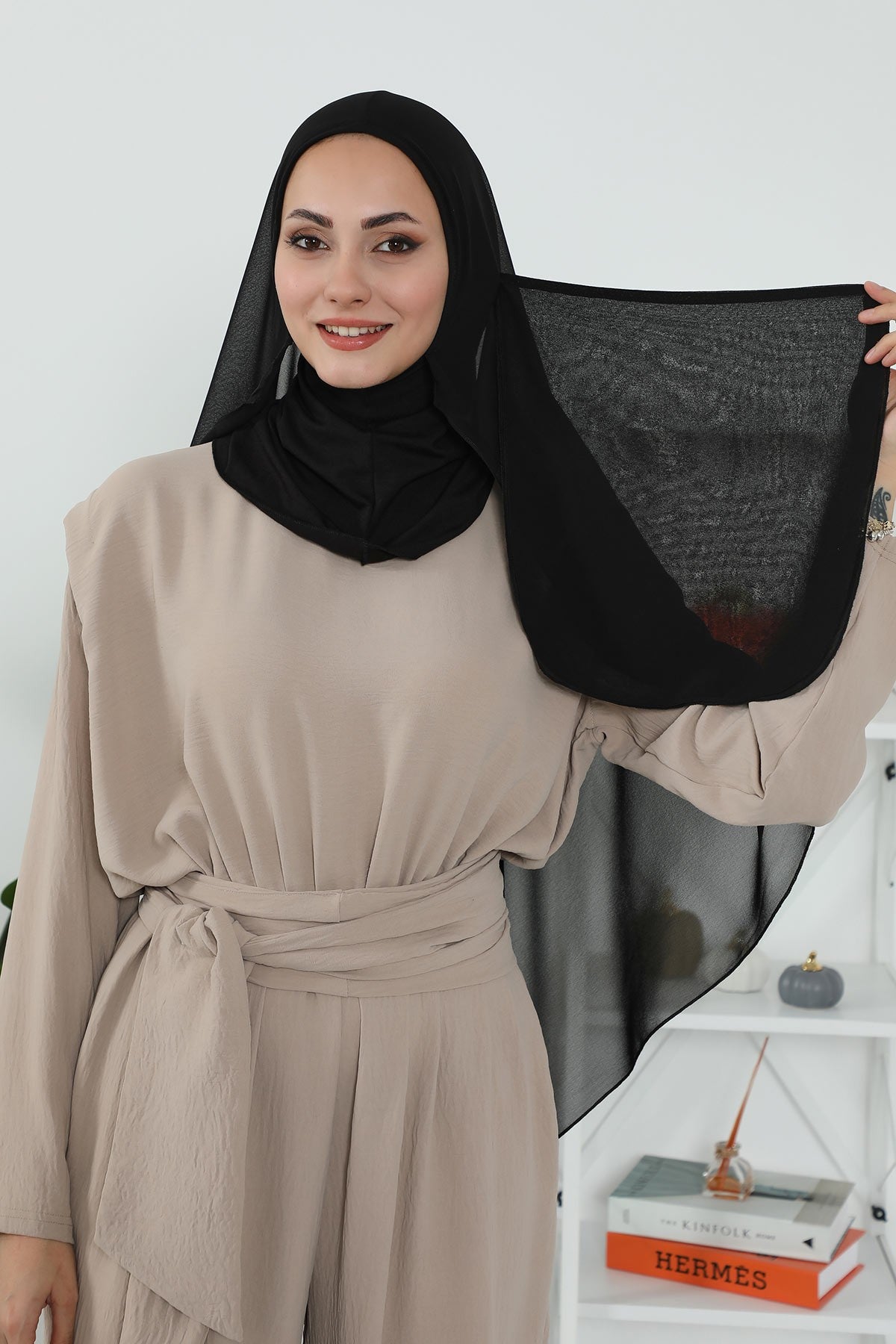 Black Veil with Attached Chiffon Shawl, One-Piece Instant Niqab Hijab Scarf, Lightweight Modest Face and Head Covering,PC-1 Black