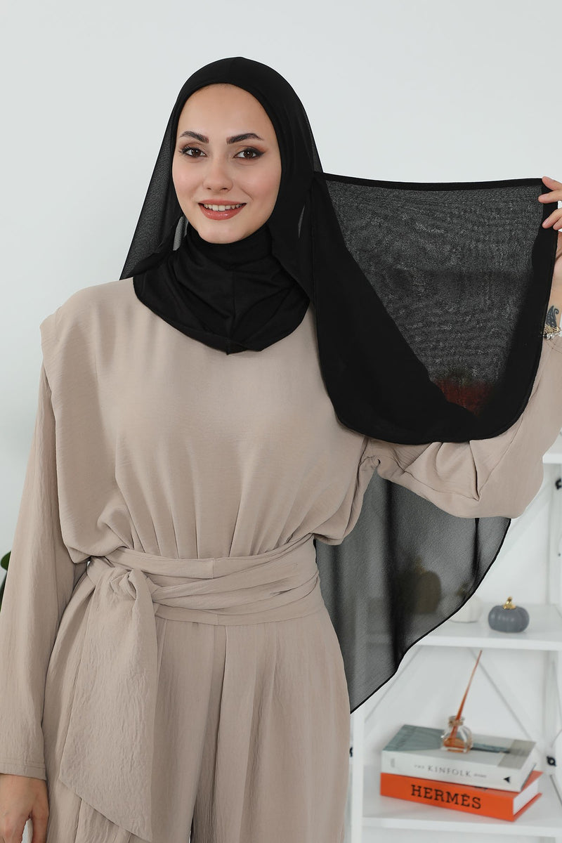 Black Veil with Attached Chiffon Shawl, One-Piece Instant Niqab Hijab Scarf, Lightweight Modest Face and Head Covering,PC-1
