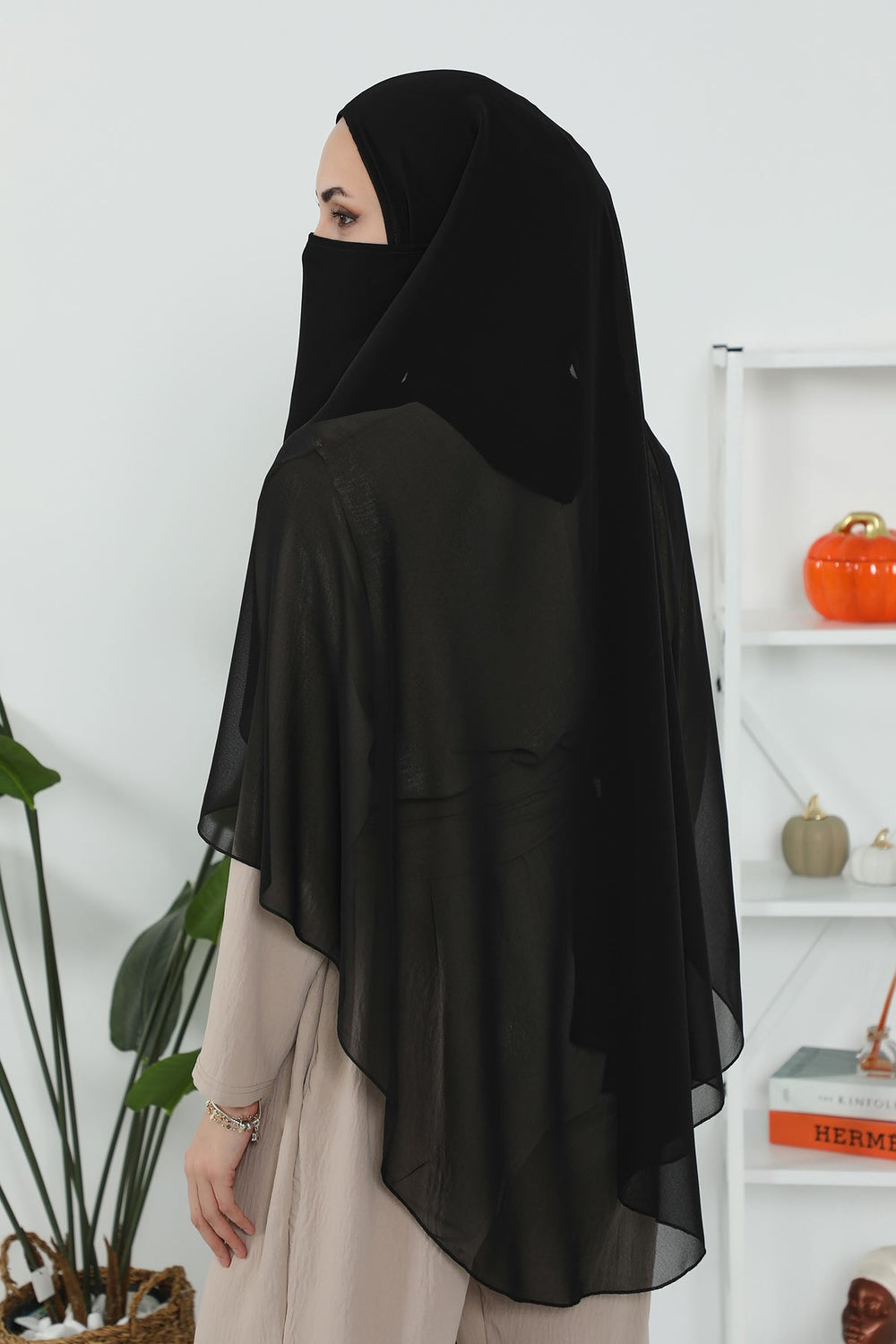 Black Veil with Attached Chiffon Shawl, One-Piece Instant Niqab Hijab Scarf, Lightweight Modest Face and Head Covering,PC-1 Black