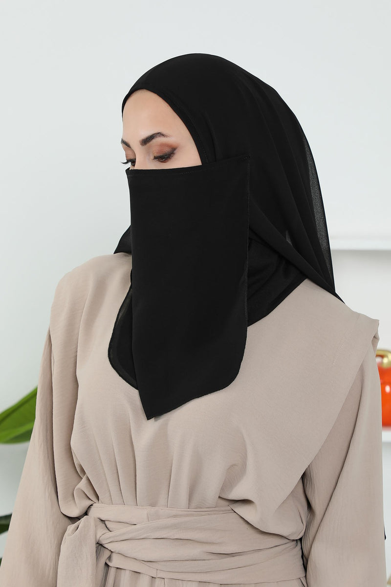 Black Veil with Attached Chiffon Shawl, One-Piece Instant Niqab Hijab Scarf, Lightweight Modest Face and Head Covering,PC-1