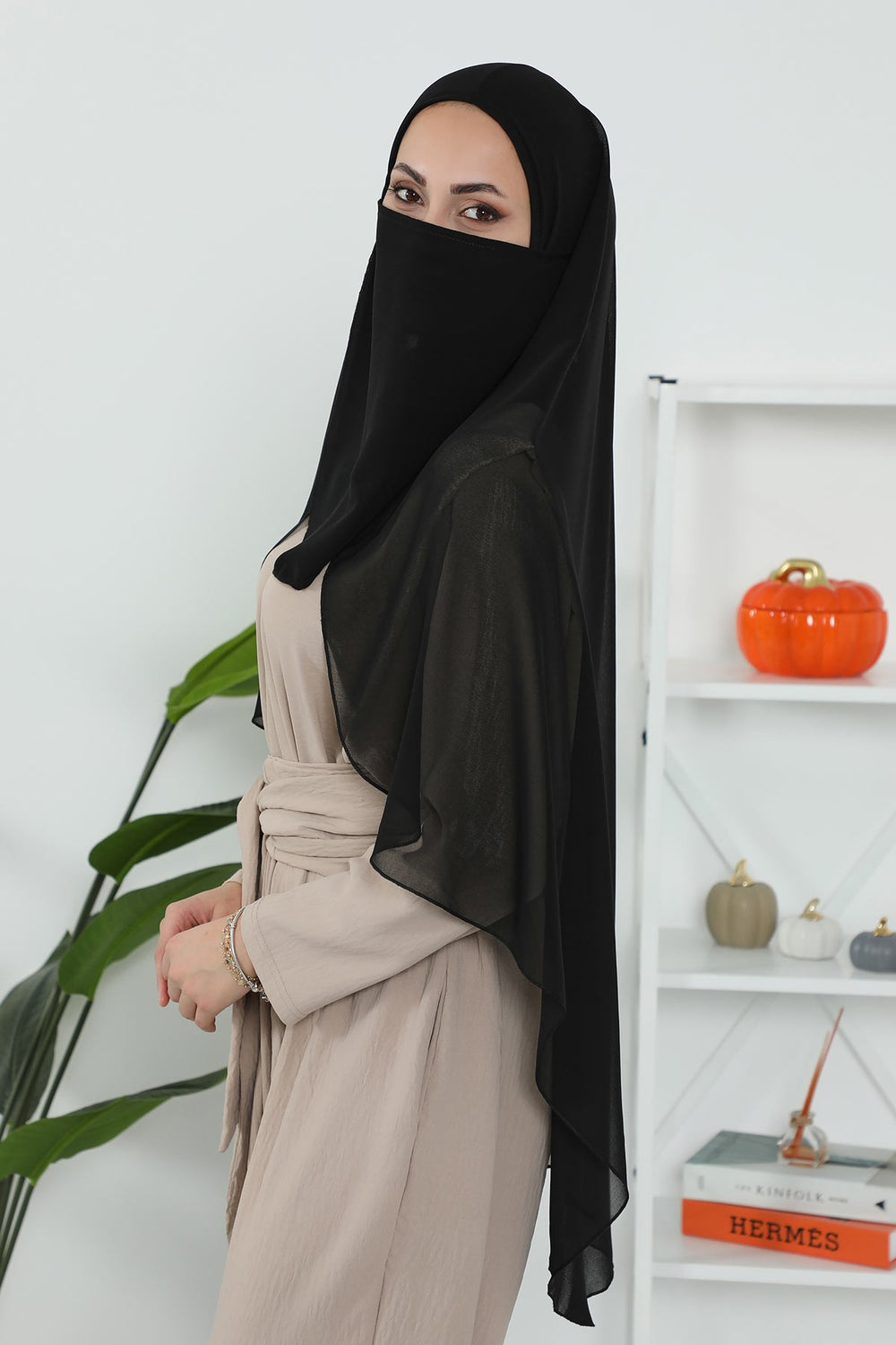 Black Veil with Attached Chiffon Shawl, One-Piece Instant Niqab Hijab Scarf, Lightweight Modest Face and Head Covering,PC-1 Black
