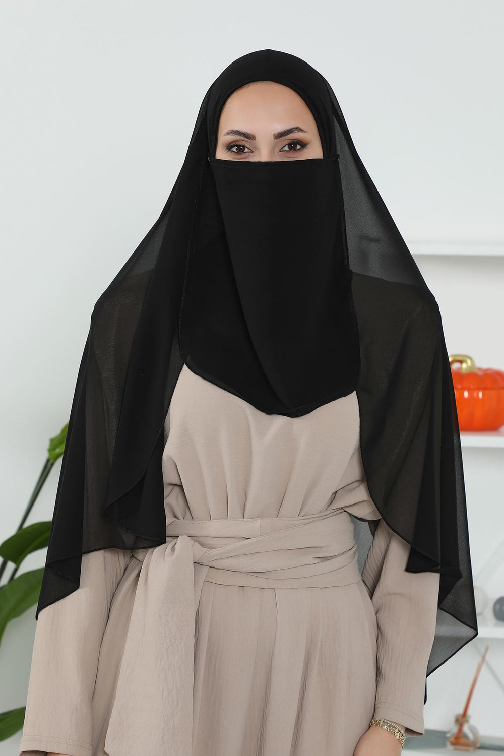 Black Veil with Attached Chiffon Shawl, One-Piece Instant Niqab Hijab Scarf, Lightweight Modest Face and Head Covering,PC-1 Black
