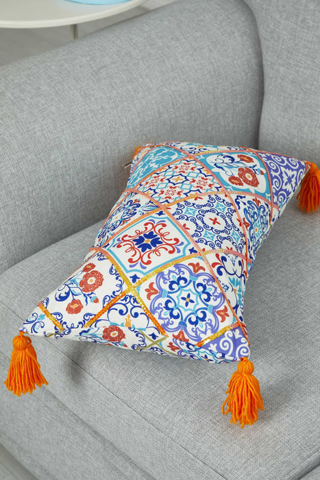 Bohemian Charm Tassel Throw Pillow Cover with Vibrant Mosaic Patterns and Tassels, Boho Large Lumbar Pillow Cover for Living Room,K-357